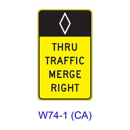 (HOV) THRU TRAFFIC MERGE LEFT (RIGHT) W74-1(CA)