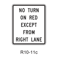 NO TURN ON RED EXCEPT FROM RIGHT LANE R10-11c