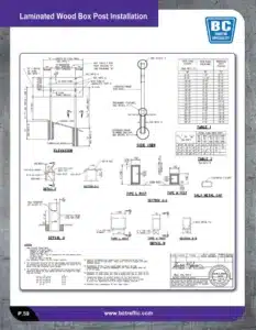 Engineering drawing of laminated wood box post installation, showing detailed dimensions, cross-sections, hardware specifications, and mounting guidelines for traffic signs.