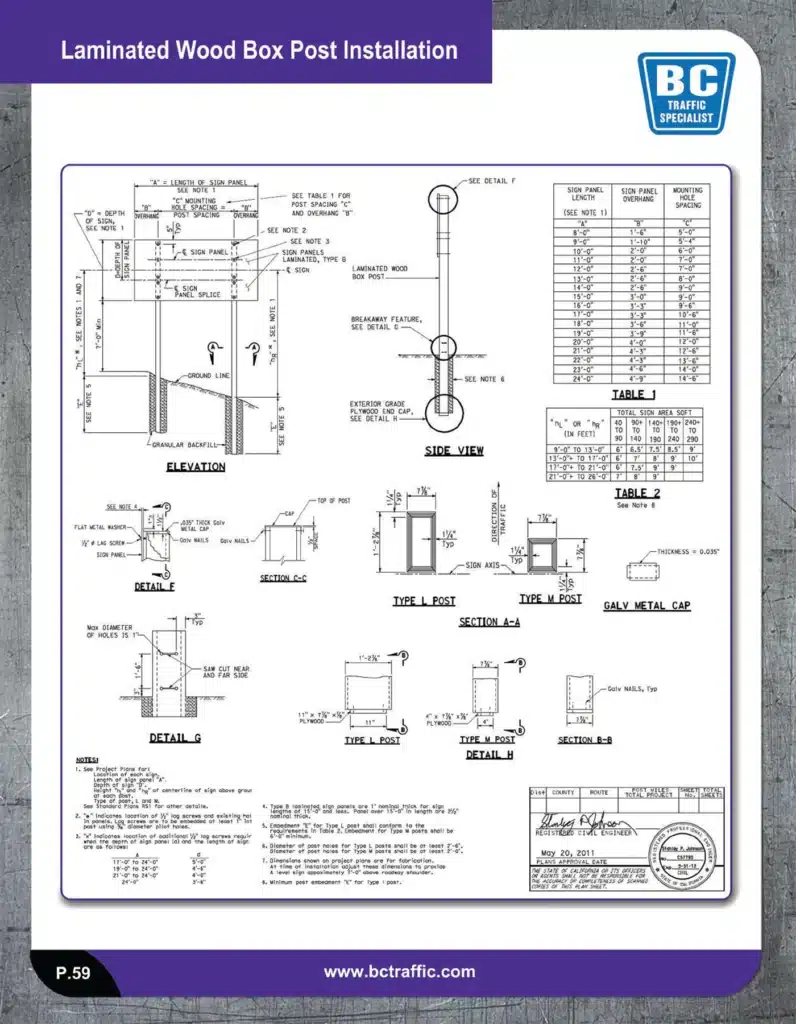 Engineering drawing of laminated wood box post installation, showing detailed dimensions, cross-sections, hardware specifications, and mounting guidelines for traffic signs.