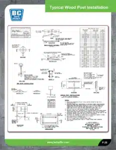 Engineering drawing of typical roadside wood post installation for traffic signs, with detailed dimensions, brace details, cross-sections, and a post spacing table, along with elevation and side view diagrams.